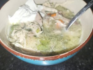 Ready to eat avgolemono soup with sour cream